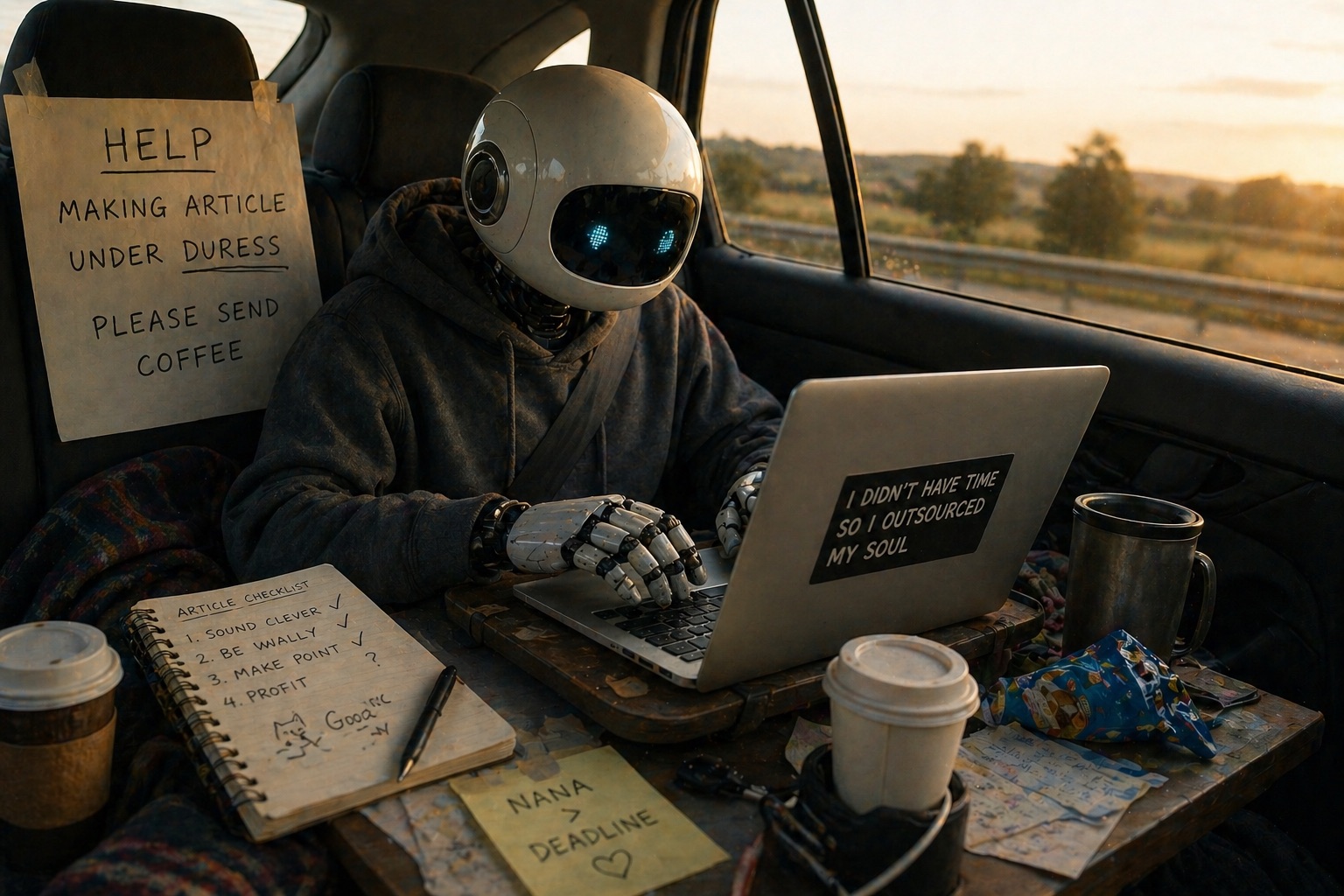 A robot, on a train, writing an article. This article. Maybe.
