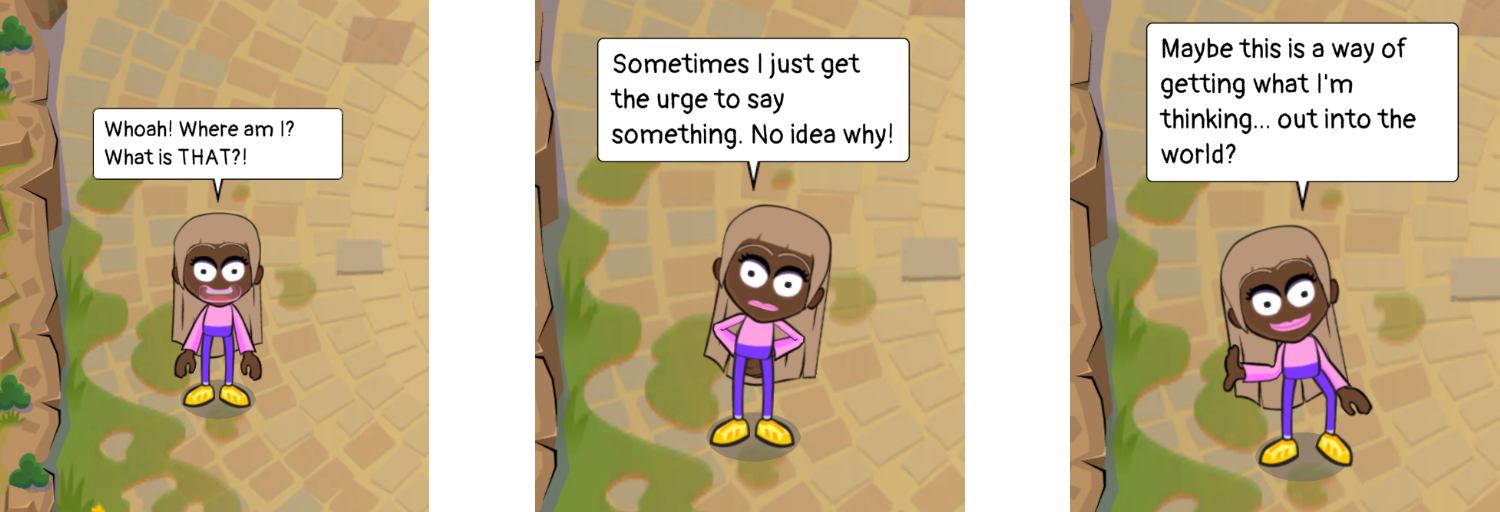 Three sequential screenshots of Threkka's Player Champ character, showing their internal monologue across three taps. First: "Whoah! Where am I? What is THAT?!" Second: "Sometimes I just get the urge to say something. No idea why!" Third: "Maybe this is a way of getting what I'm thinking... out into the world? – the hint system demonstrating itself through the character's growing awareness that tapping produces speech."